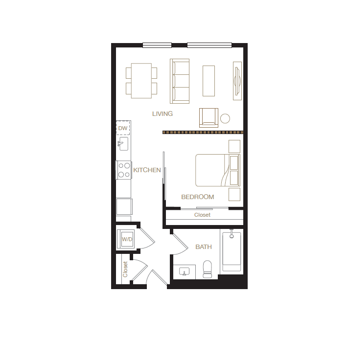 Floor plan for 1 bed, 1 bath, 590 sqft